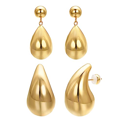 Vissen 2 Paar Chunky Gold Ohrringe Damen 18K Vergoldet Wassertropfen Großen Ohrringe Stechen Ohrstecker Tropfen Nickelfrei Modeschmuck von vissen