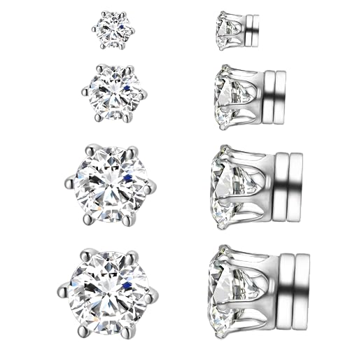 Vissen 4 Paar Magnetische Ohrringe Herren Silber Edelstahl Zirkonia Magnet Ohrringe Damen Fake Piercing Modeschmuck Set (4/5/7/8 mm) von vissen