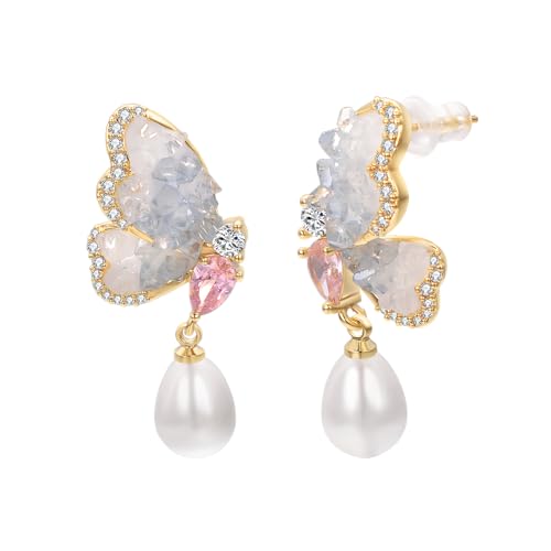 Vissen Blau Schmetterling Zirkonia Ohrstecker Damen Vergoldet Weiß Barockperlen Ohrringe Hängend Modeschmuck von vissen