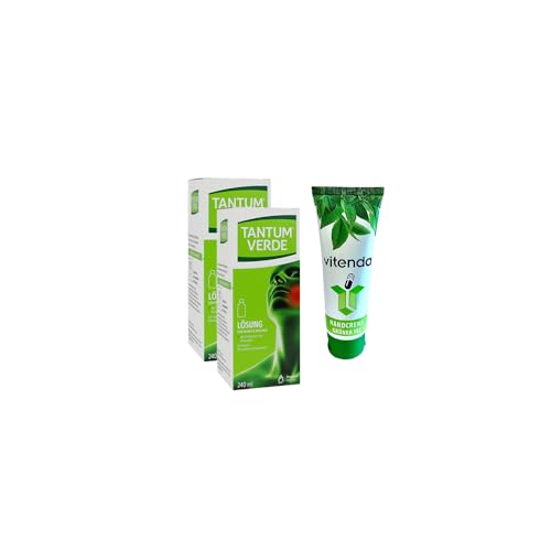 Tantum Verde® Gurgellösung gegen Halsschmerzen, 2x240 ml inclusive einer Handcreme von vitenda – Schmerzlindernd und entzündungshemmend, mit Minzgeschmack, für Erwachsene und Jugendliche ab 12 Jahren von vitenda