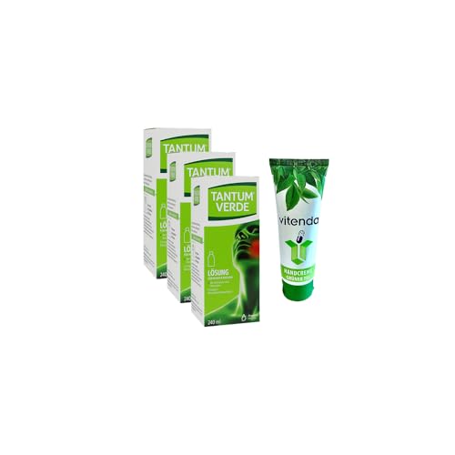 Tantum Verde® Gurgellösung gegen Halsschmerzen, 3x240 ml inclusive einer Handcreme von vitenda – Schmerzlindernd und entzündungshemmend, mit Minzgeschmack, für Erwachsene und Jugendliche ab 12 Jahren von vitenda