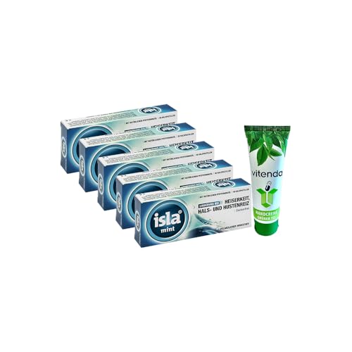 isla® Mint Pastillen – 5x30 Stück inclusive einer Handcreme von vitenda, kühlender Minz-Geschmack, zuckerfrei, bei Hals- und Stimmbeschwerden von vitenda
