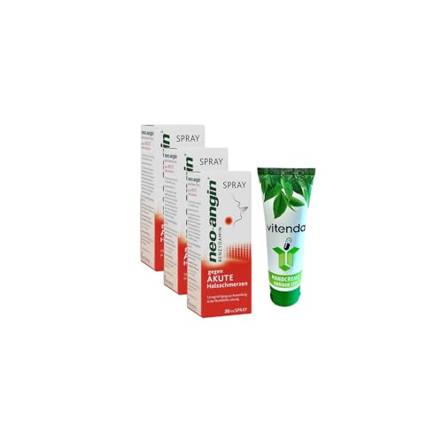 neo-angin® Benzydamin Spray gegen akute Halsschmerzen, 3x30 ml inclusive einer Handcreme von vitenda – Zuckerfrei, schmerzlindernd, entzündungshemmend, mit Kirschgeschmack von vitenda