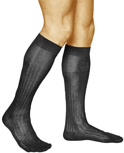 vitsocks Herren 100% mercerisierte Baumwolle Kniestrümpfe (2 PAAR) dünne gerippte Anzug Socken Knie lang, schwarz, 42-43 von vitsocks