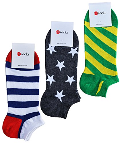 vitsocks Herren bunte lustige kurze Sneakersocken Baumwolle (3x PACK) weich dünn, set 1: Streifen, Stern, 39-42 von vitsocks