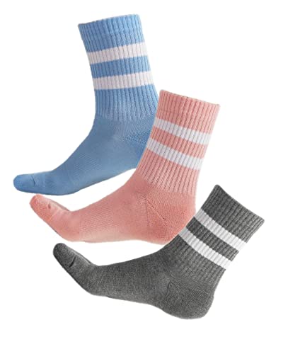 vitsocks Damen Tennissocken BAMBUS Crew Socken Streifen (3 PAAR) Retro Sportsocken gestreift, Mehrpack: 1x grau 1x himmelblau 1x rosa, 35-38 von vitsocks