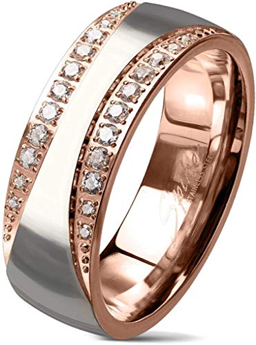 viva-adorno® Damen Ring Verlobungsring Edelstahl zweifarbig Rosegold Silber mit 2 Zirkonia Bändern RS60, Gr. 55 von viva-adorno