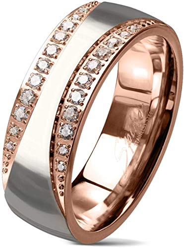 viva-adorno® Damen Ring Verlobungsring Edelstahl zweifarbig Rosegold Silber mit 2 Zirkonia Bändern RS60, Gr. 63 von viva-adorno