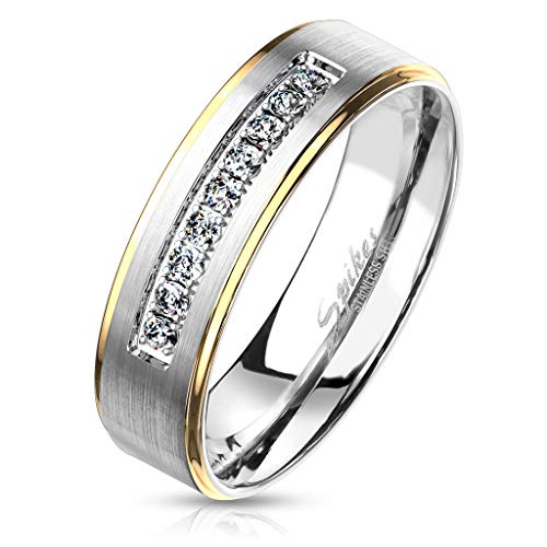 viva-adorno Damen & Herren Edelstahl Ring Partnerring Verlobungsring matt gebürstete Mitte Kristall Leiste RS57c, Rand Gold, Gr.55 von viva-adorno