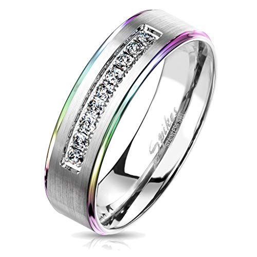 viva-adorno Damen & Herren Edelstahl Ring Partnerring Verlobungsring matt gebürstete Mitte Kristall Leiste RS57c, Rand Regenbogen, Gr.55 von viva-adorno