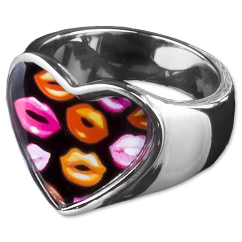 viva-adorno Edelstahl Damen Ring Herz Buntes Motiv Animal Print Muster Fingerring Rockabilly RS45, Lippen Gr. 50 von viva-adorno