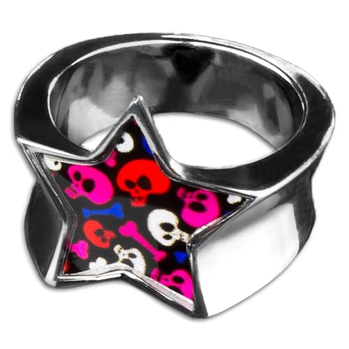 viva-adorno Edelstahl Damen Ring Stern Buntes Motiv Animal Print Muster Fingerring Rockabilly RS46, Totenköpfe pink rot Gr. 56 von viva-adorno