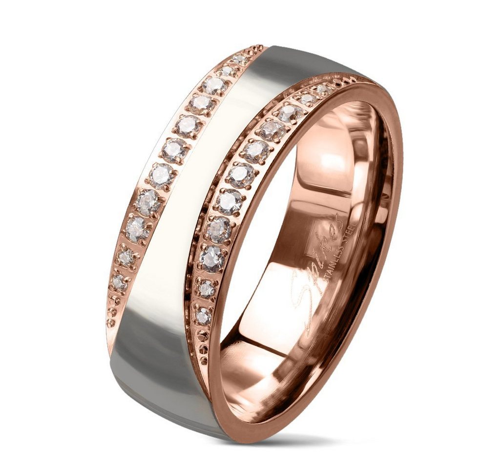 viva-adorno Fingerring Damen Ring Edelstahl Rosegold Silber mit 2 Zirkonia Bändern, Verlobungsring zweifarbig Bicolor von viva-adorno