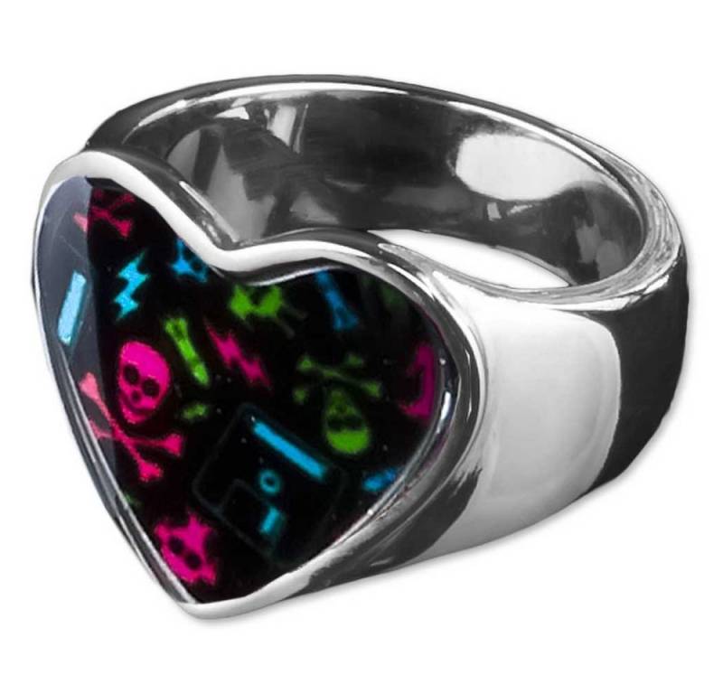 viva-adorno Fingerring Edelstahl Ring Damenring Herz mit buntem Motiv Herz Rockabilly, Blumen Animal Print Leopard Tiger Zebra Muster von viva-adorno