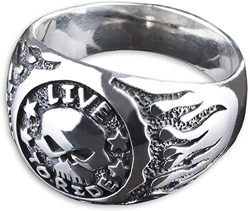 viva adorno Herren Ring LIVE TO RIDE Totenkopf Flammen Biker Siegelring Daumenring 925 Sterlingsilber SR36, Gr. 65 von viva-adorno