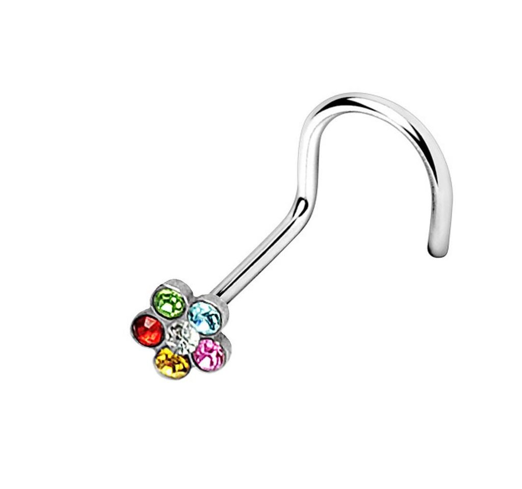 viva-adorno Nasenpiercing gebogen 0,8mm Nasenstecker Zirkonia Kristall Blume Blüte Nasenring von viva-adorno