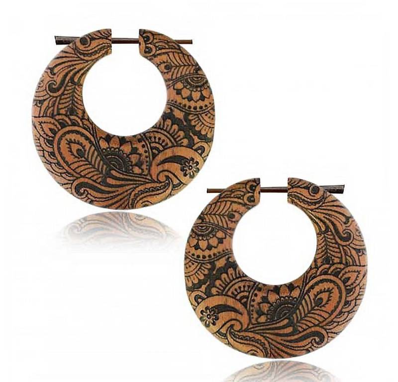 viva-adorno Paar Creolen Damen Holz Ohrringe geschnitzt Pin Ohrringe Blüten Tribal gaviert, Blumen Gravur in verschiedene Formen von viva-adorno