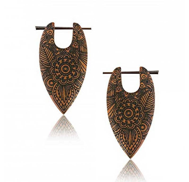 viva-adorno Paar Creolen Damen Holz Ohrringe geschnitzt Pin Ohrringe Blüten Tribal gaviert, Blumen Gravur in verschiedene Formen von viva-adorno