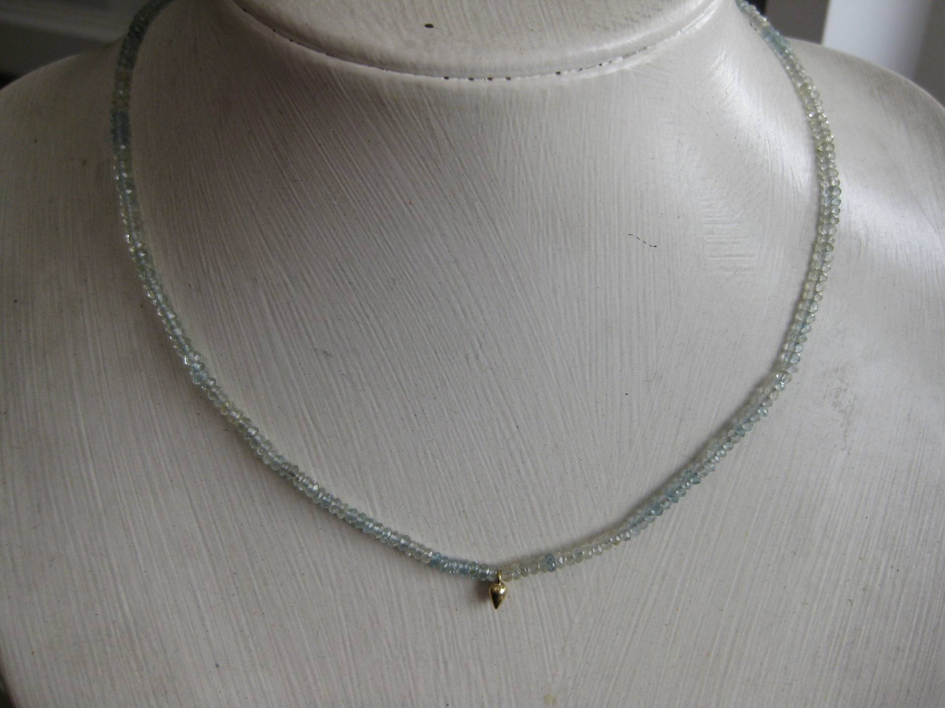 Aquamarine Halskette Facettierte Perlen 3 Mm Rondelle Solid 14K Gelbgold Schließe März Geburtsstein Stapelbar von vixjewellery