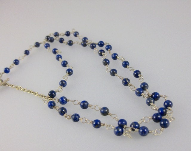 Draht Gewickelt Rosenkranz Stil Runde Lapis Perle Dunkel Blau Sterlingsilber Halskette Für Frauen von vixjewellery