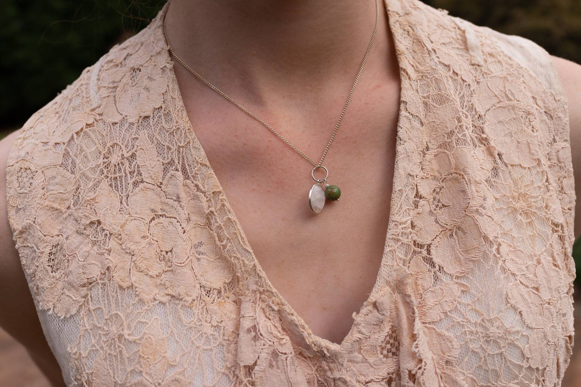 Mondstein Türkis Sterling Silber Perle Kabel Kette Anhänger Set von vixjewellery