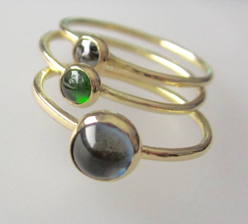 Solide 14 K Gelbgold Set Trio Stapelbare Ringe Us 6.5 Schwarz Diamant Diopside Turmalin Geschenk Valentine Tochter von vixjewellery