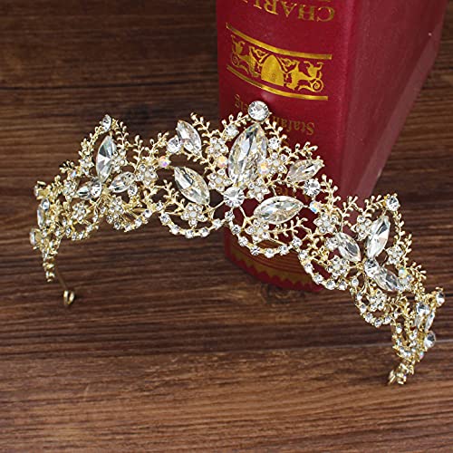 Haarschmuck Krone Tiaras für Frauen Gold Hochzeit Braut Tiara Krone Braut Königin Prinzessin Rosa Kristall Diadem Haarschmuck Kopfschmuck für Frauen Kopfbedeckung (Farbe: Goldweiß) von vkeid