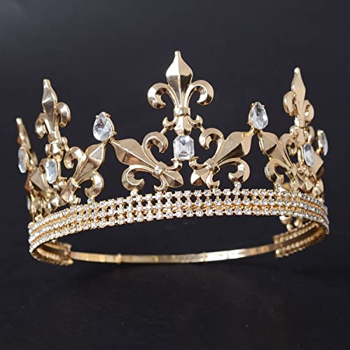 Haarschmuck Kronen-Tiaras für Frauen, verstellbar, rund, Hochzeit, König-Tiara, Kronen-Kopfschmuck für Männer, Haarschmuck, Strass-Kopfschmuck, Zubehör (Farbe: Goldkrone 01) von vkeid