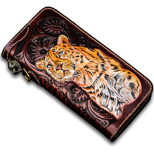 vkeid Leopard Erste Schicht Rindsleder Reißverschluss umlaufende Geldbörse Reißverschluss Clutch Geldbörse Münzkartenfächer Kollektion Geldbörse für Männer und Frauen von vkeid