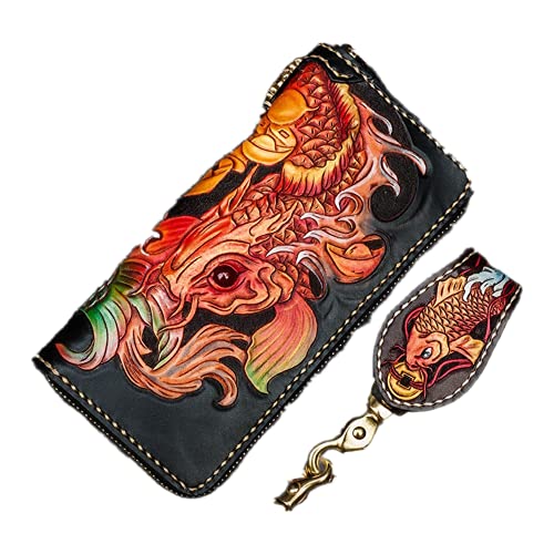 vkeid Lucky Dragon Fish Erste Schicht aus Rindsleder mit umlaufendem Reißverschluss, Reißverschluss-Clutch-Geldbörse, Münz- und Kartenfächern, Sammlungsbrieftasche für Männer und Frauen (B-Stil) von vkeid