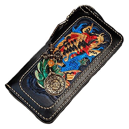 vkeid Lucky Fish First Layer Rindsleder-Geldbörse mit umlaufendem Reißverschluss, Reißverschluss-Clutch-Geldbörse, Münz- und Kartenfächern, Sammlungsbrieftasche (A) von vkeid