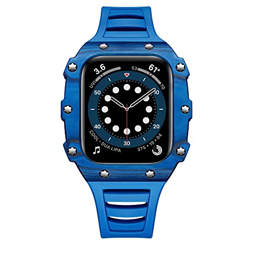 vkeid Luxuriöse Kohlefaser-Hülle für Band 45 mm, 44 mm, 41 mm, 40 mm, Modifikationsset, Gummiband für iWatch Serie 8, 7, 6, 5, 4, SE, 2, 1 (Farbe: Blau, Größe: 41 mm) von vkeid