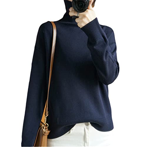 vkeid Winter-Rollkragenpullover aus Kaschmir für Damen, verdickter Pullover, lässiger Basic-Pullover, Strickpullover, lockere Oberteile (Marineblau, Medium) von vkeid