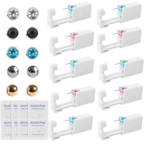 vnfsmy 10 Stück Ohrloch Stecher Set Ohrlochstechpistole Ohrlochpistole Einweg-Ohr Steril Piercing Pistolen Kit mit Ohrstecker und Alkoholwatte Ohrlöcher Selber Stechen Set für Mädchen Frauen Männer von vnfsmy