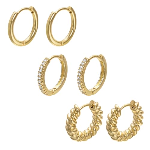 Vogem 3 Paar Klein Creolen Ohrringe Damen Helix Creolen Set Gold Zirkonia Huggie Knorpel Ohrringe Set Hypoallergene Schmuck von VOGEM