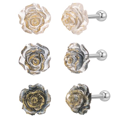 Vogem 3er Set Romantisch Rosegold Ohrstecker für Damen,Bequeme Gerade Silber Ohrringe Modeschmuck(Champagner Schwarz Grau) von vogem