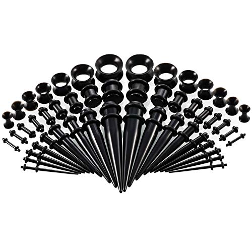 VOGEM Acryl Ear Stretching Kit Black 50 Stück Dehnstab Taper Plugs Ohrdehner Set 16g-00g Silikon Ohr Tunnels Damen Herren(Schwarz) von VOGEM