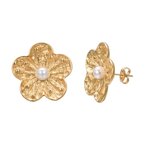 Vogem Gold Plattiert Perle Floral Blume Ohrringe für Damen Studs Gold farbener Edelstahl Exquisiter Schmuck von vogem