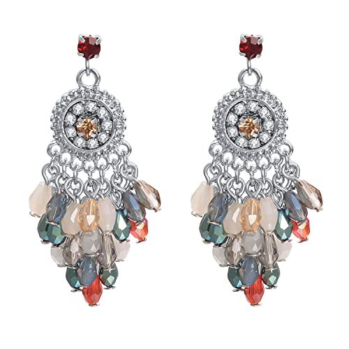 Vogem Damen-Ohrringe mit bunten Perlen und Quasten, große Ohrringe im Bohème-Stil aus Silber mit Zirkonia, Modeschmuck von vogem