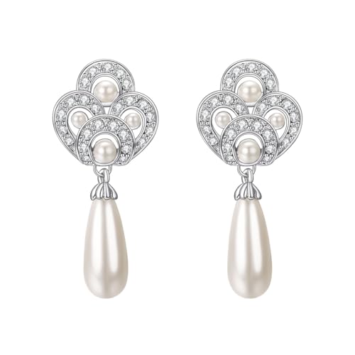 Vogem Silber Wassertropfen Form Weiß Perlen Große Ohrringe für Damen Vintage Ohrringe Eingelegter Kristall Antiallergener Modeschmuck von vogem