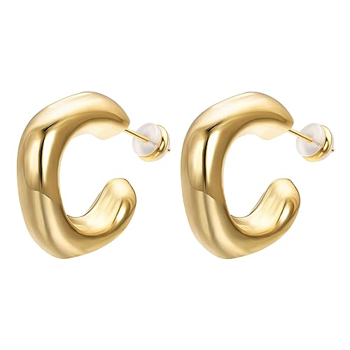Vogem Vergoldet Statement Chunky Loop Ohrringe für Damen，C-Form Geometrische Stud Ohrringe Antiallergener Modeschmuck von vogem