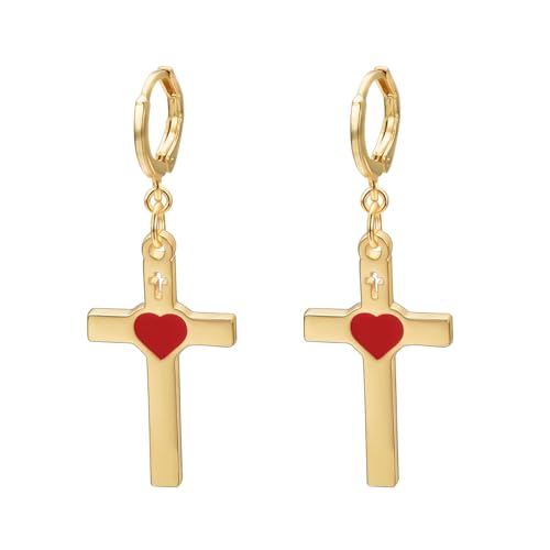 Vogem Vergoldet Statement Kreuzform Loop Ohrringe für Damen Rot Herz Ohrringe Antiallergener Modeschmuck von vogem