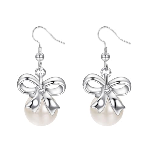 Vogem Weiß Große Perlen Ohrringe für Damen Silber Glitzer Statement Bow löb Ohrringe Antiallergener Modeschmuck von vogem