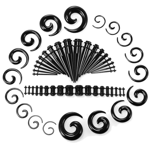 vogem 54 Stück Ohr Dehnstäbe Set 1-10mm/14G-00G Ohr Gauges Expander Set Acryl Tapers und Plugs Acrylic Spiral Tapers Body Piercing Schmuck Set für Frauen und Männer (Schwarz) von vogem