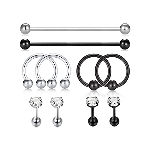 vogem Schwarz Silber 10pcs Barbell und Hoop Piercings Ohrringe für Damen und Herren,Stapelbare Edelstahl Ohrstecker Hypoallergen von vogem