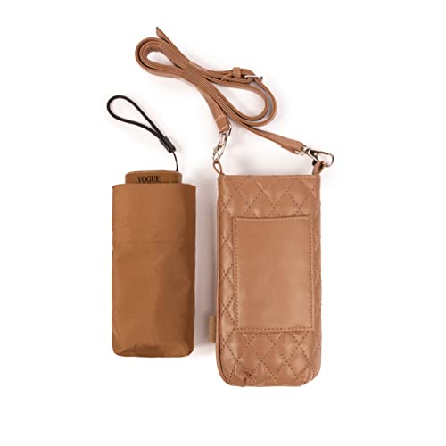 Micromini-Faltregenschirm für Frauen VOGUE, elegant, schlank und ultraleicht. Mit Smartphone-Tasche. Ideal als Geschenk. Winddichtes System (Wind Proof), UV-Sonnenschutz und manuelle Öffnung. (Braun) von VOGUE