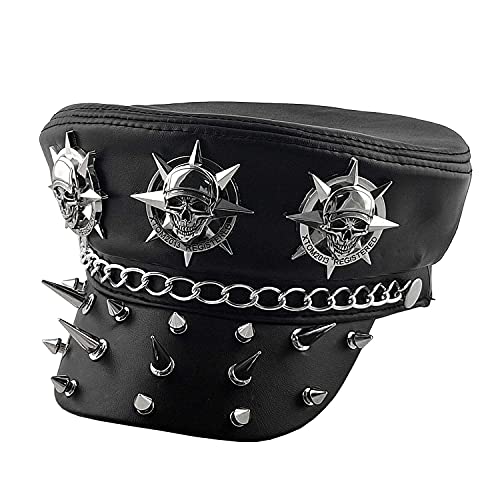 Fashion Punk Hüte Echtleder Biker Cap Causal Steampunk Nieten Hut, Schwarz, Einheitsgröße von vogueteen