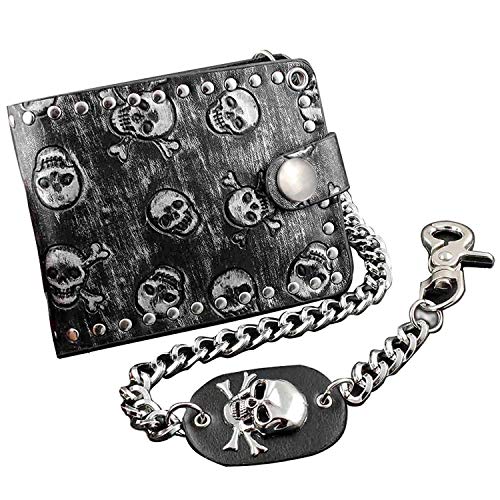 Fashion Rock Punk Metall Totenkopf Geld Schwarz Herren Leder Geldbörse mit Kette, GRAU, Einheitsgröße, Punk von vogueteen