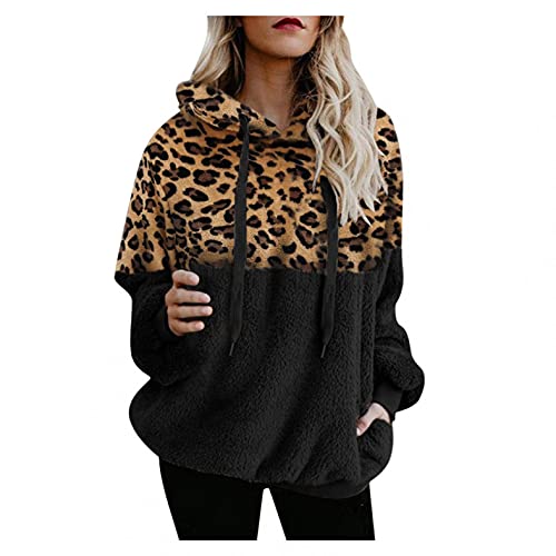 Sweatshirt Damen mit Kapuze, Teddy Fleece Hoodie Pullover Winter Warm Langarmshirt Leopard Sweater Jacke Pulli Mädchen Flauschig Winterpullover Frauen Weiche Plüsch Taschen Winterjacke Strickjacke von Vohiko