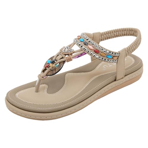 vohiko Flache Sandalen Damen Sommer Freizeit Zehentrenner mit Weiche Fußbett, Sandale Frauen Sandalette Bohemia Sandals mit Strass Perlen Casual Strand Schuhe Elegant Sommerschuhe Gr.37-42 von vohiko